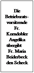 Textfeld: Die Betriebsrats-vorsitzende Fr. Korndobler Angelika bergibt      Fr. Maria Beiderbeck den Scheck
